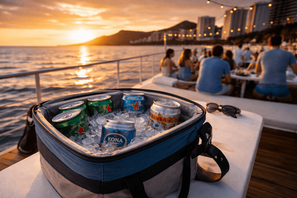 Canned drinks for BYOB party on a sunset cruise in Waikiki.