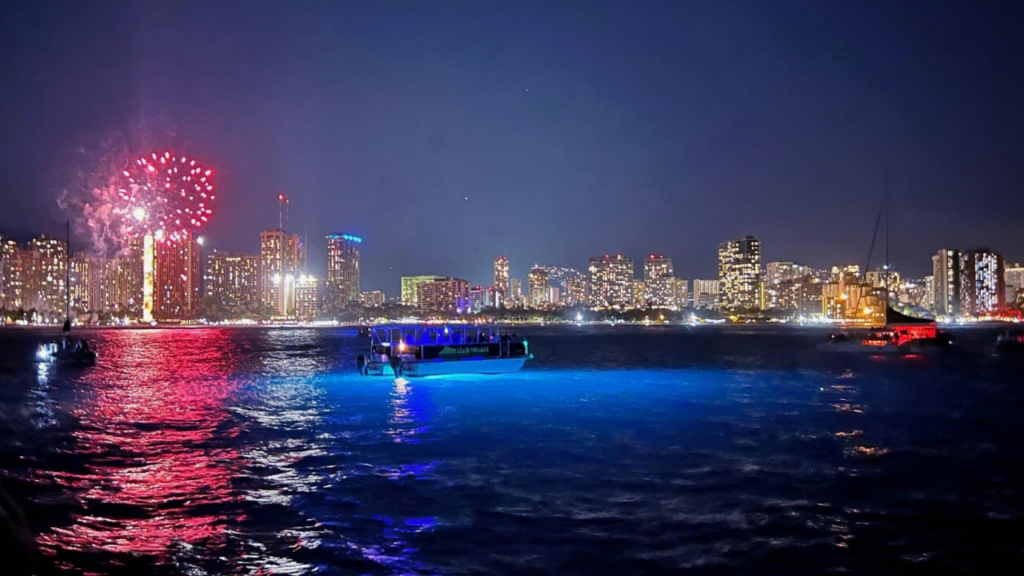 A view from a fireworks cruise in Waikiki.